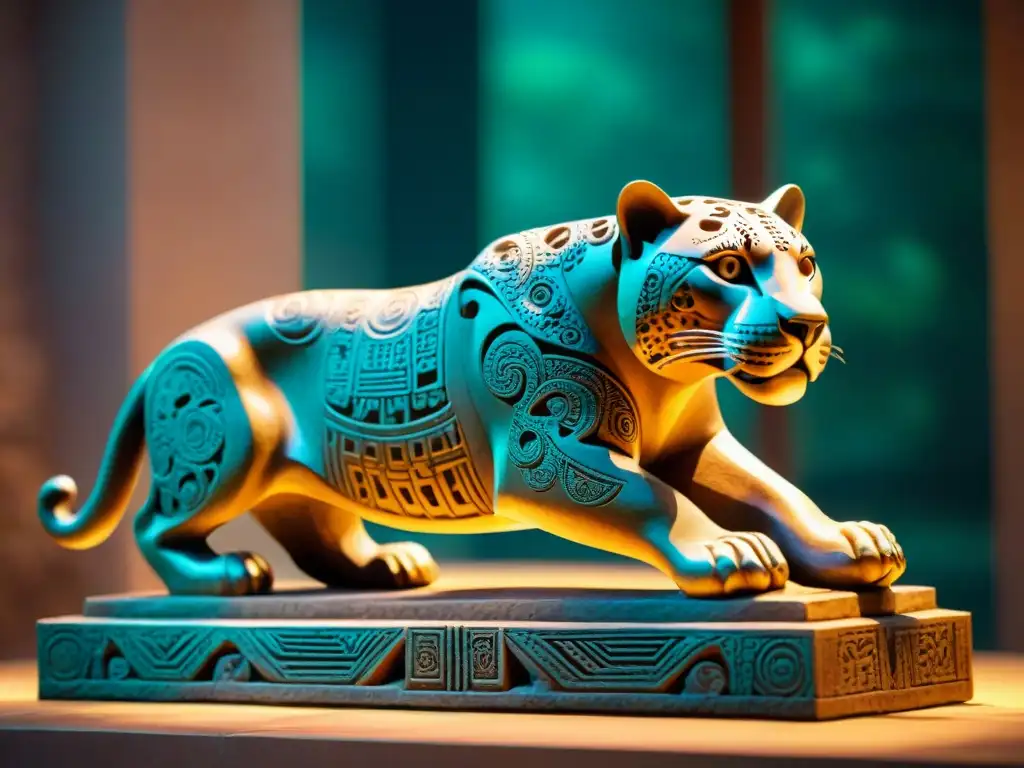 Escultura detallada de un jaguar, símbolo de poder en la cultura maya, con expresión feroz y elementos simbólicos