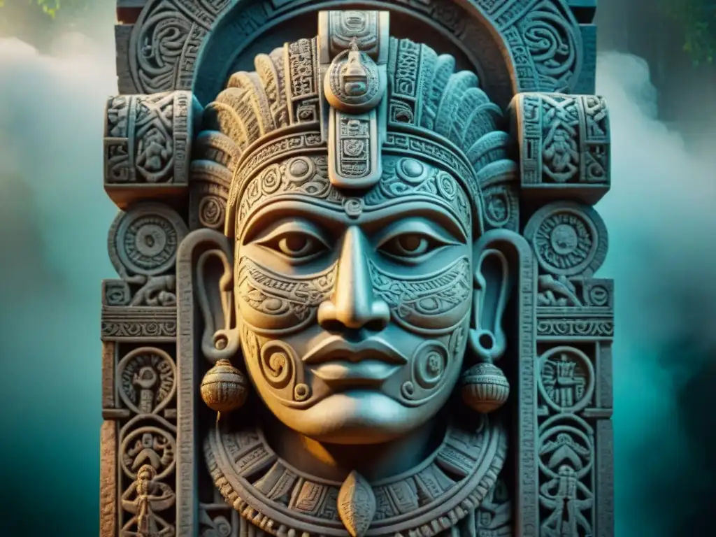 Escultura detallada de Ah Puch, dios de la muerte maya, rodeado de niebla misteriosa y símbolos mayas, emanando poder y misterio