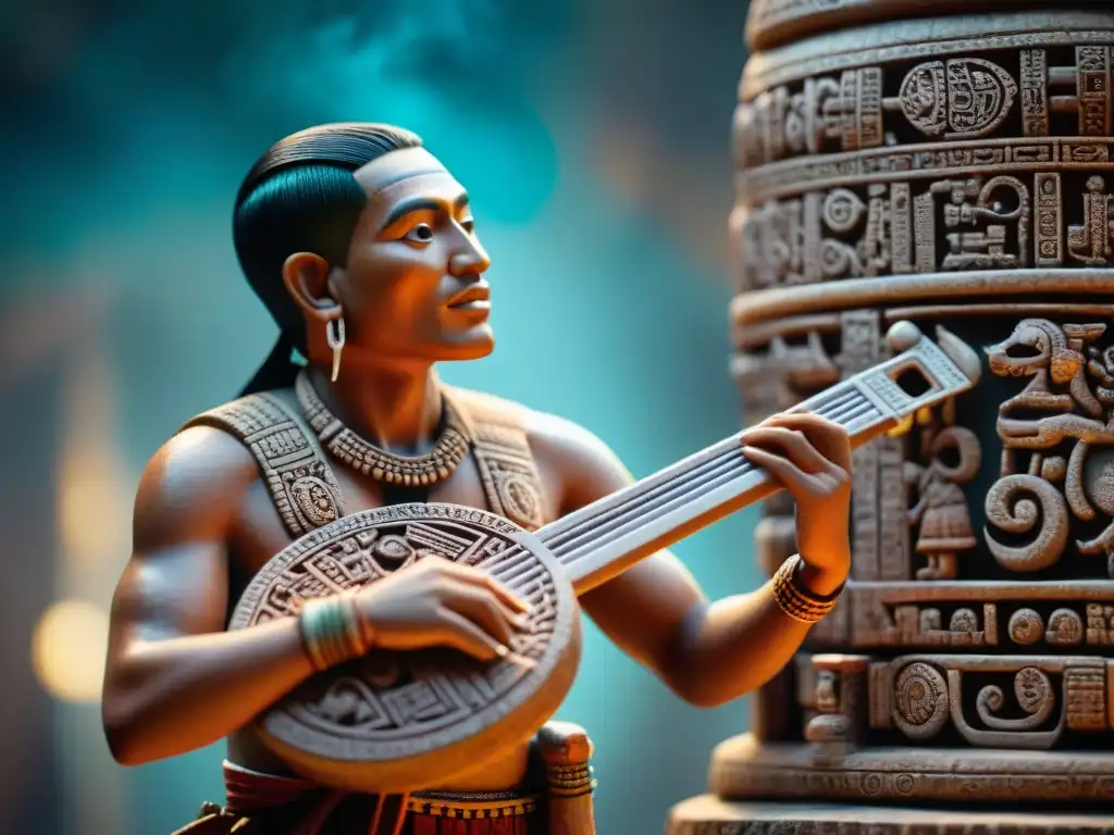 Escultura detallada de un músico maya tocando un instrumento tradicional, con jeroglíficos de fondo