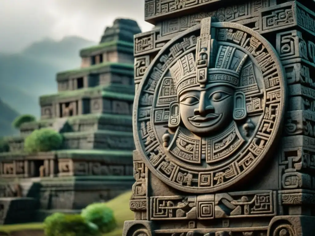 Escultura detallada de Hunab Ku, dios único maya, en piedra con símbolos y motivos celestiales, destacando la riqueza de la iconografía religiosa maya