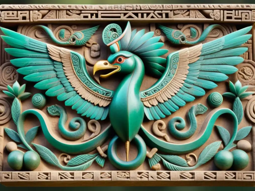 Escultura detallada de Quetzalcóatl, dios serpiente emplumada de los mayas, fusionando elementos aviares y reptilianos