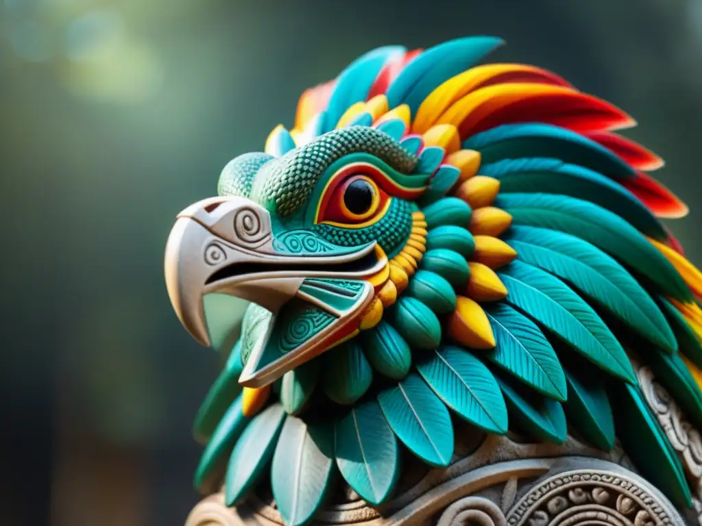 Escultura detallada de Quetzalcoatl en piedra, con plumas, escamas de serpiente y rostro