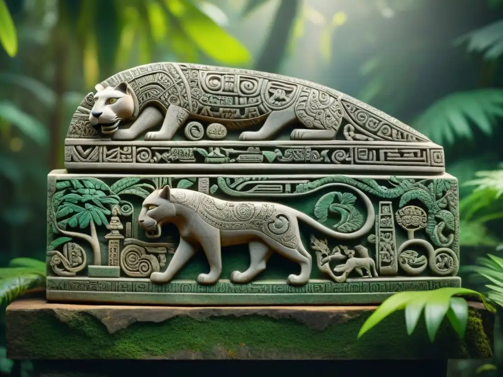 Escultura detallada de un ser híbrido jaguar-humano rodeado de jeroglíficos mayas en la selva