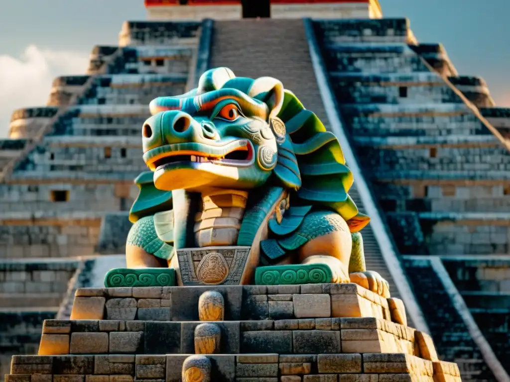 Escultura detallada de Kukulkán, la serpiente emplumada, en la pirámide de Chichén Itzá, reflejo de la mitología maya