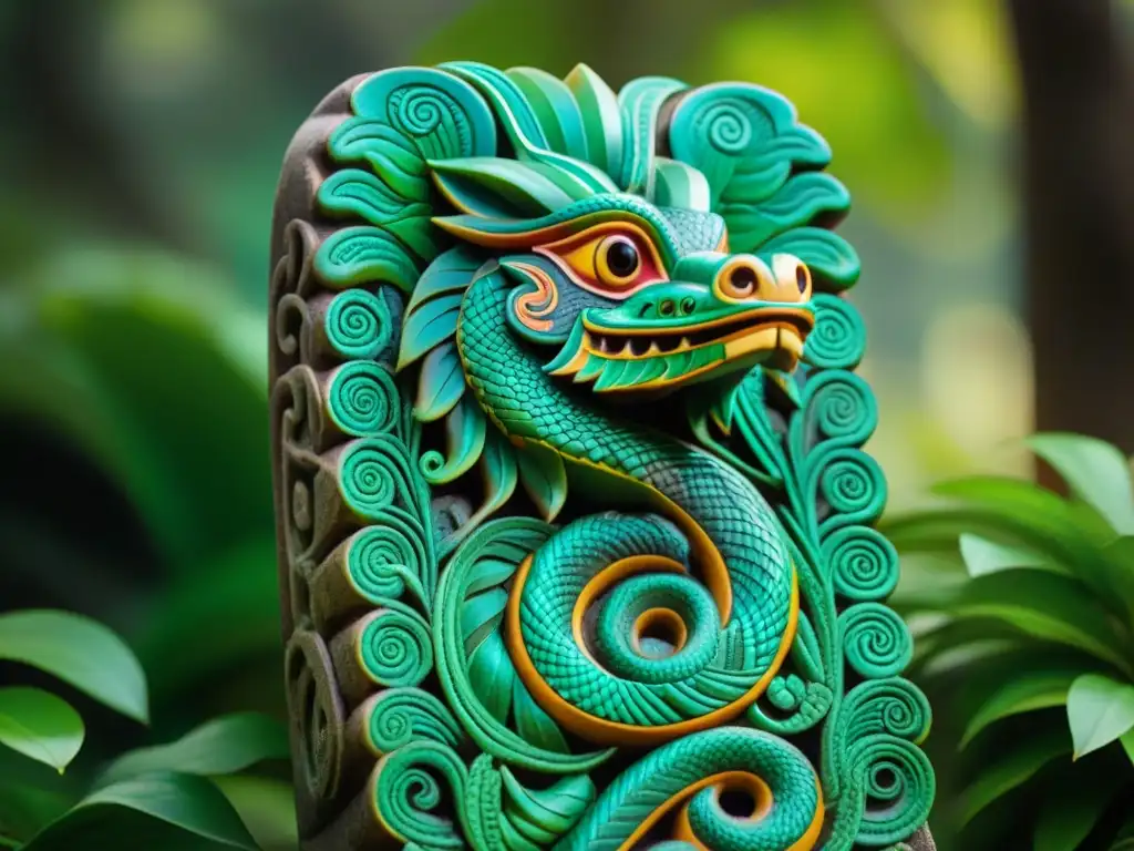 Escultura detallada de la serpiente emplumada Quetzalcoatl en entorno selvático