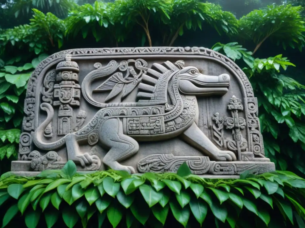 Escultura de Chaac, dios maya de la lluvia, rodeado de naturaleza exuberante y un feroz cocodrilo, simbolizando la creación