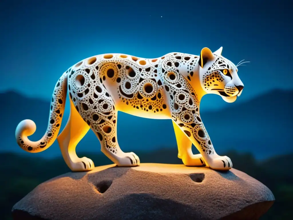 Escultura majestuosa de jaguar en piedra con detalles intrincados, simbolizando poder y protección bajo un cielo estrellado