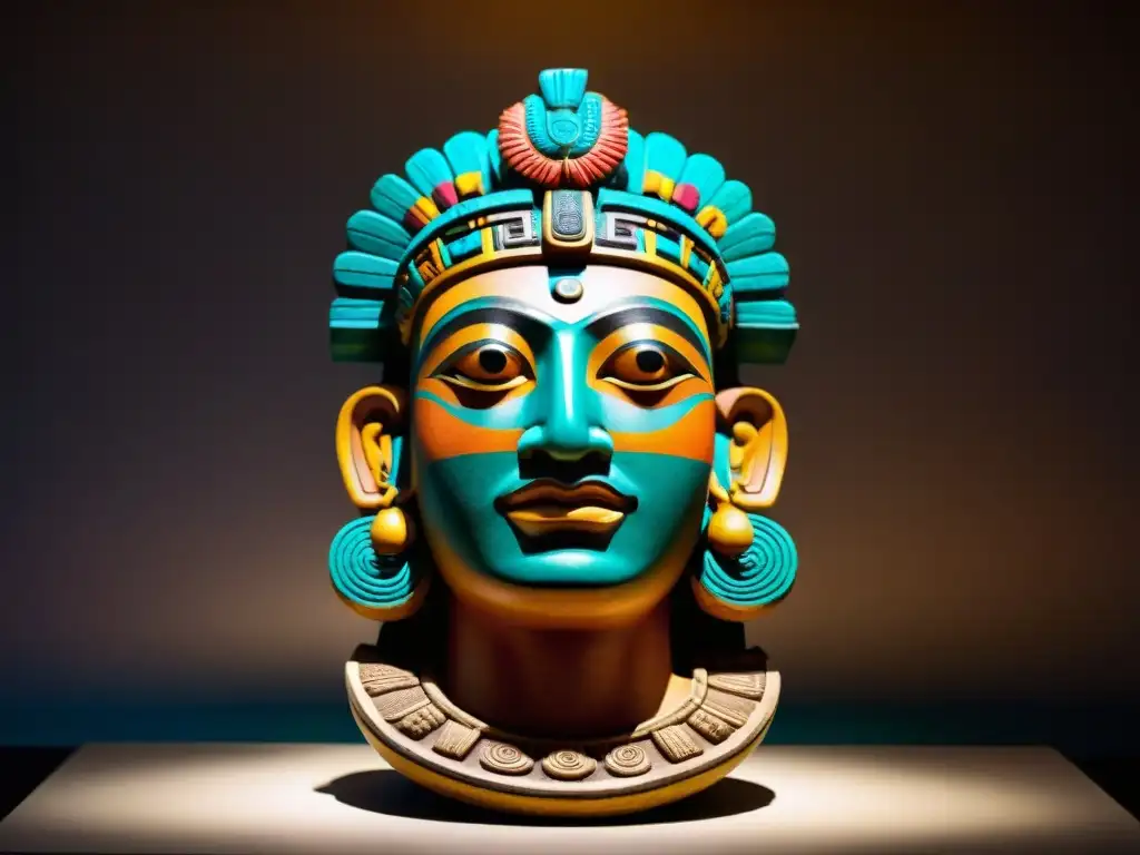 Escultura maya ceremonial detallada en cerámica con colores vibrantes en un museo iluminado, evocando rituales funerarios mayas