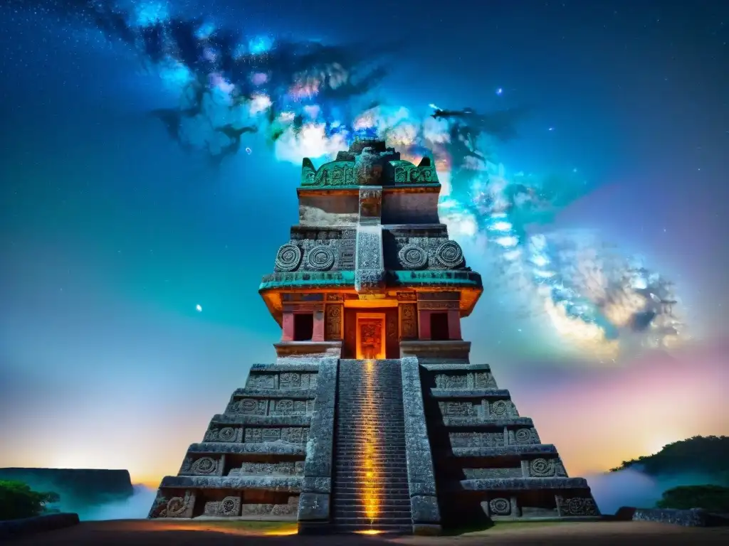 Escultura maya de Kukulkan en colores vibrantes bajo un cielo estrellado, reflejo de las prácticas culturales de los mayas