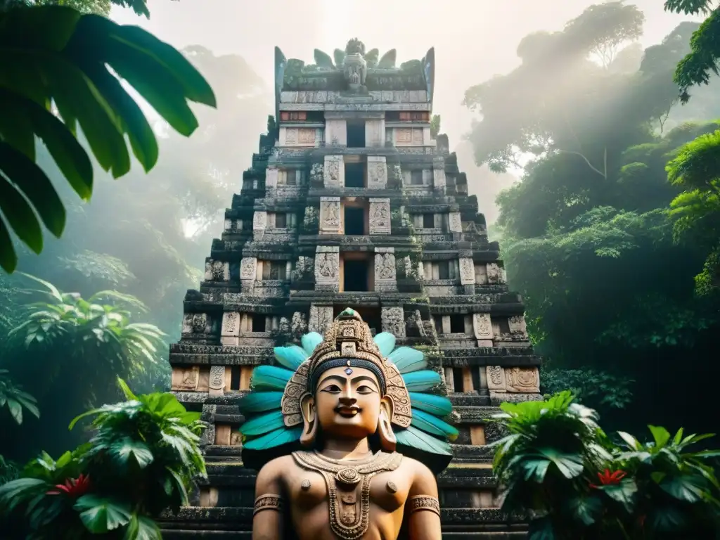 Escultura maya de deidad con plumas vibrantes en templo rodeado de vegetación exuberante