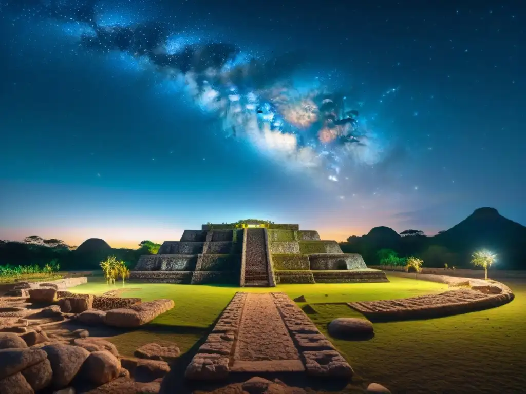 Escultura maya detallada de agricultores usando herramientas astronómicas antiguas para sembrar, bajo un cielo estrellado