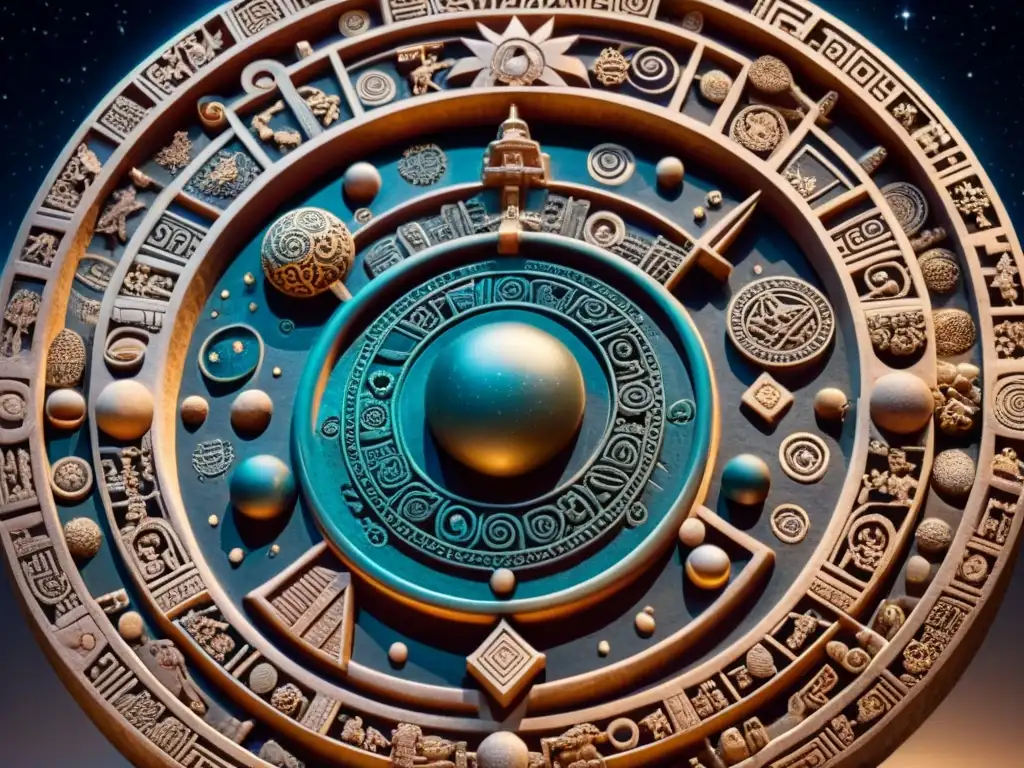 Escultura maya detallada con constelaciones celestes y símbolos astronómicos, reflejando la conexión entre astronomía y arte maya