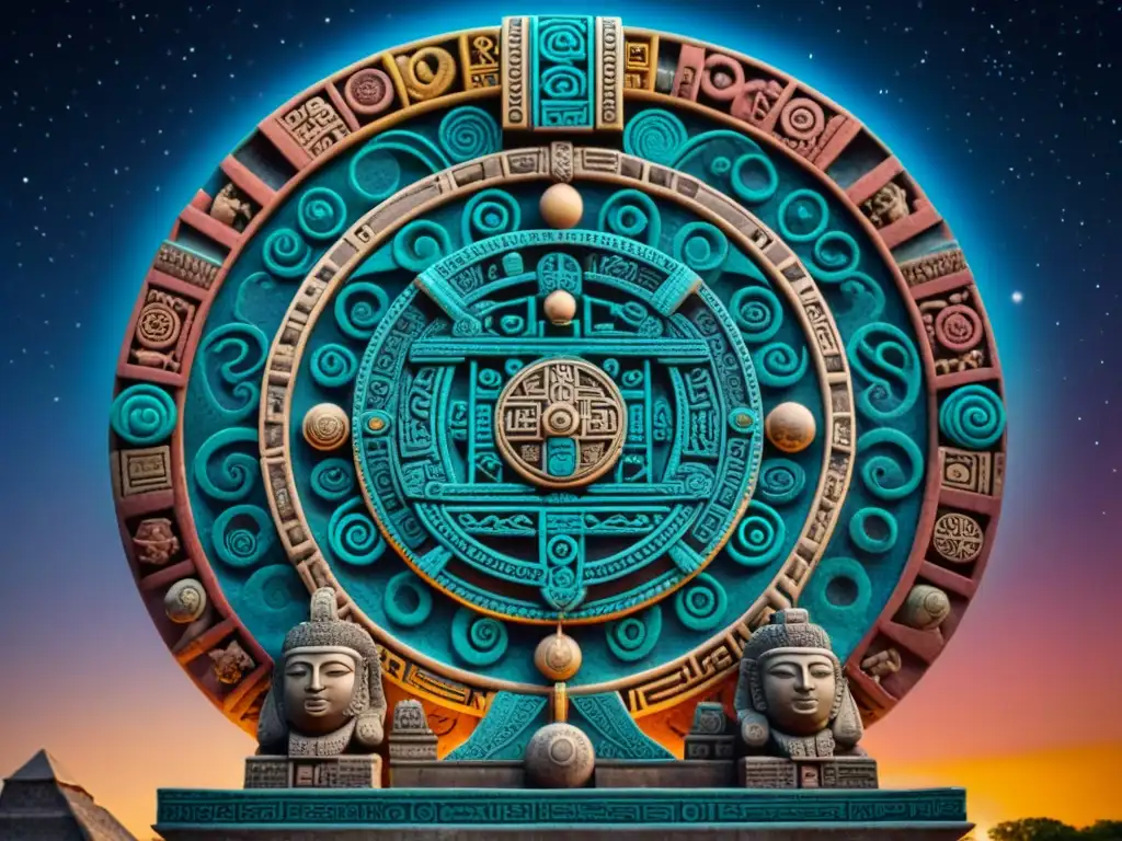 Escultura maya detallada de cuerpos celestes y símbolos astronómicos, con colores vibrantes, en un cielo estrellado