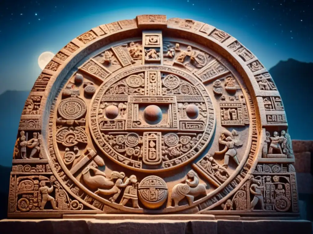 Escultura maya detallada de astronomía y cultura en piedra, bajo un cielo estrellado