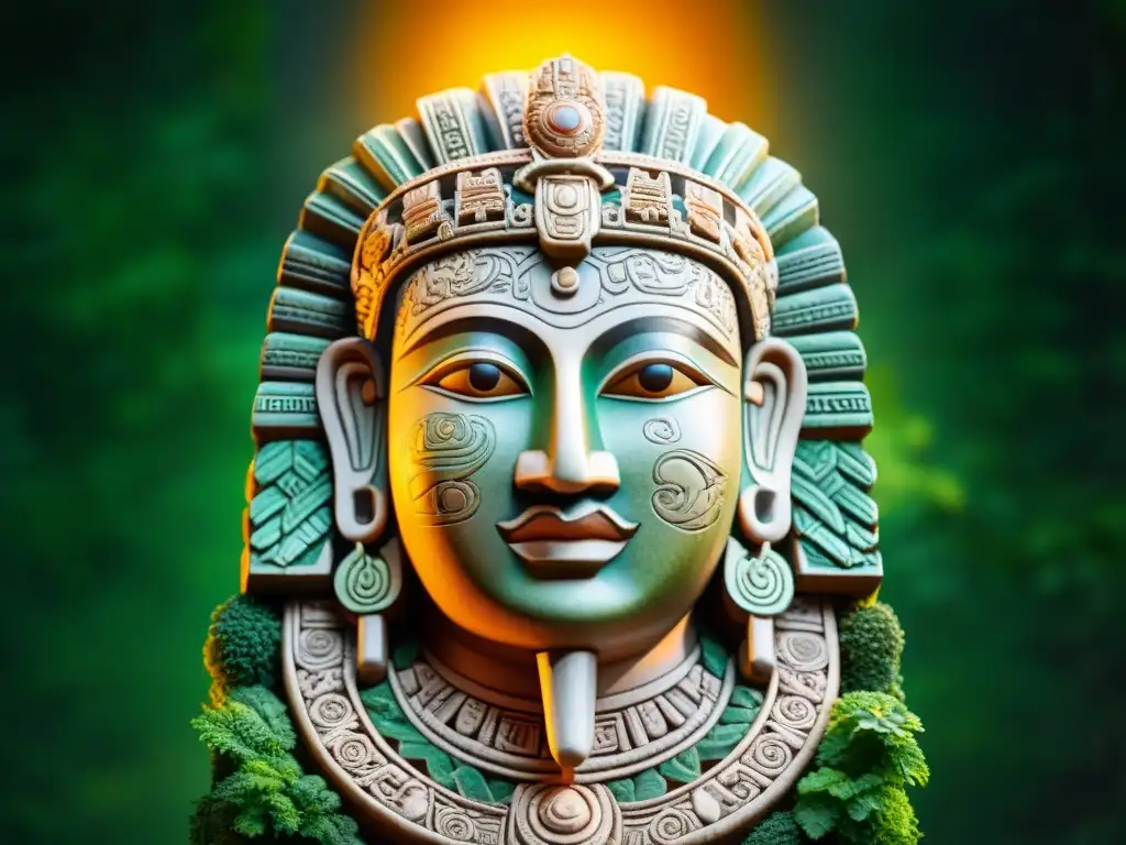 Estatua maya de la dualidad: equilibrio entre bien y mal en la selva Escultura Maya detallada que simboliza la dualidad entre el bien y el mal, en un entorno selvático