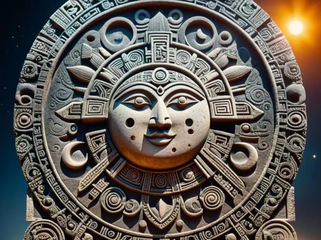 Escultura maya detallada de un eclipse solar con símbolos astronómicos y místicos, mostrando la sabiduría de la Astronomía en civilización maya