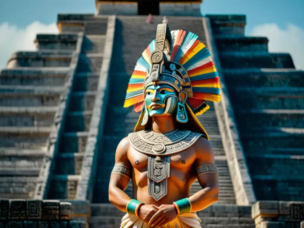 Escultura maya detallada de Kukulkan, serpiente emplumada, en Chichén Itzá, resaltando mitos y leyendas