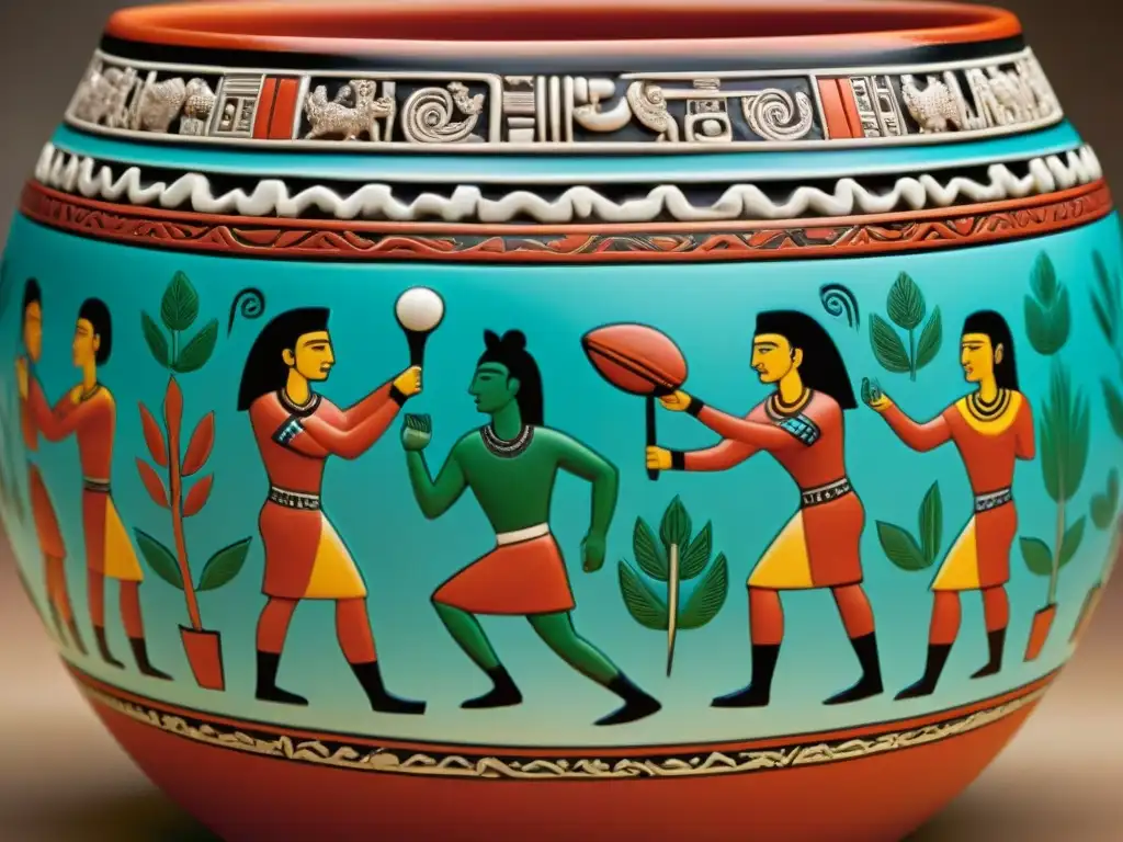 Escultura maya detallada con escenas del juego de pelota, simbolismo y color vibrante