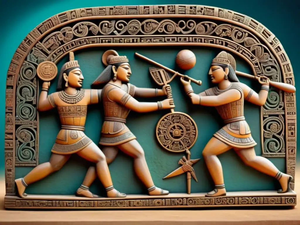 Escultura maya detallada representa juego de pelota con simbolismo y destreza de atletas