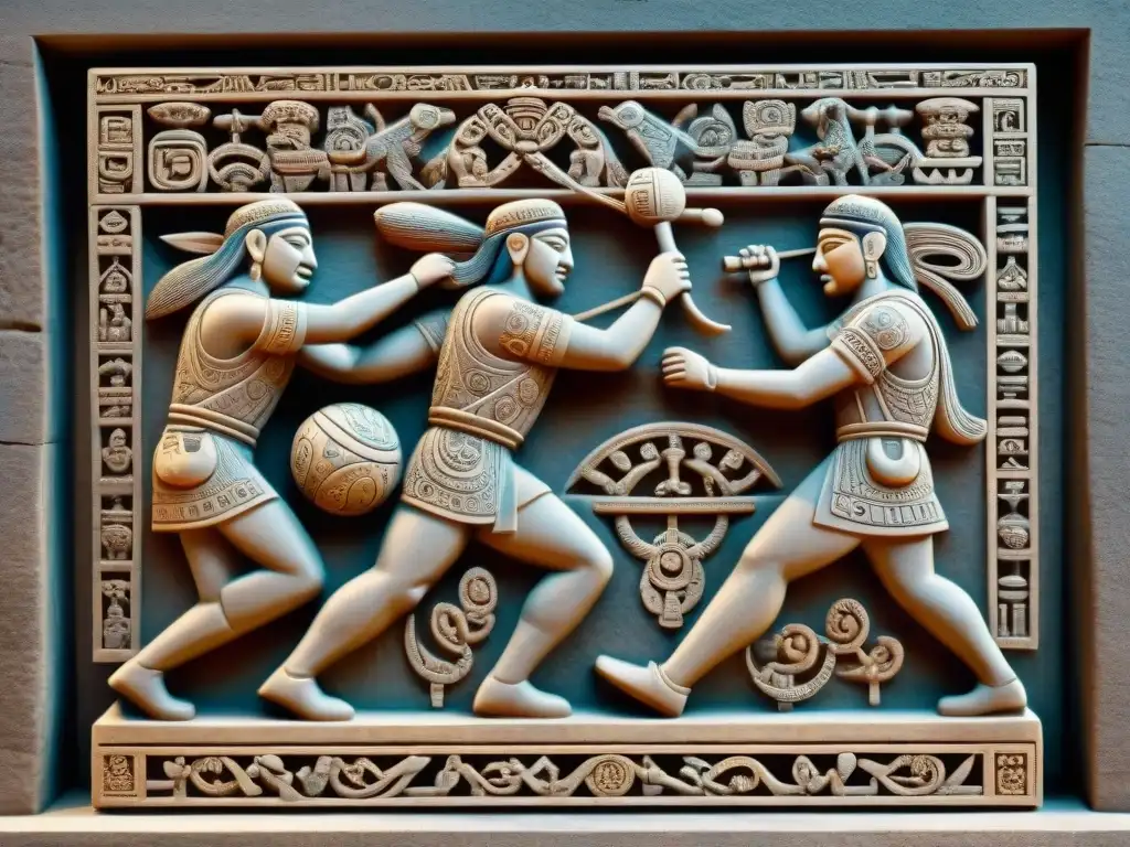 Escultura maya detallada del juego de pelota: simbolismo, intensidad y destreza