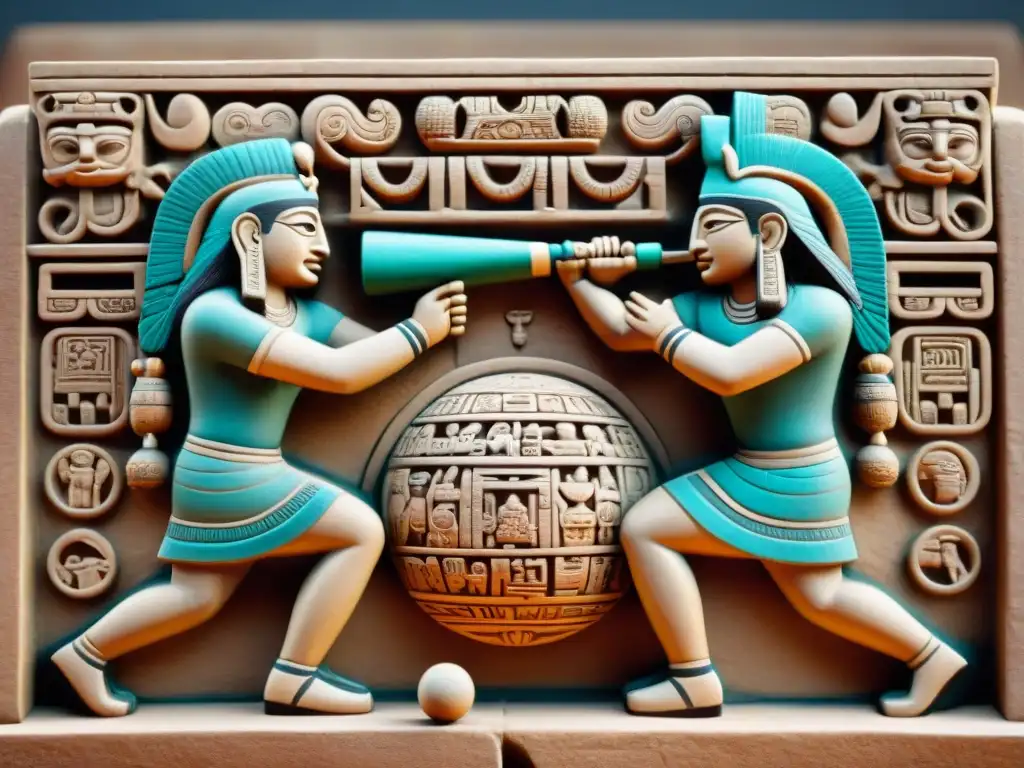 Escultura maya detallada de jugadores de pelota en un intenso juego, con espectadores y símbolos culturales