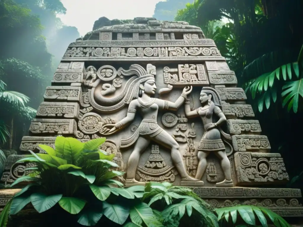 Escultura maya de la diosa de la salud y enfermedad, Ixchel, rodeada de hieroglifos, en Palenque