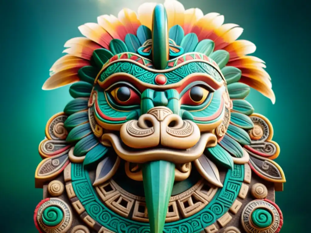 Escultura maya de Quetzalcoatl, la Serpiente Emplumada, con plumas y detalles coloridos