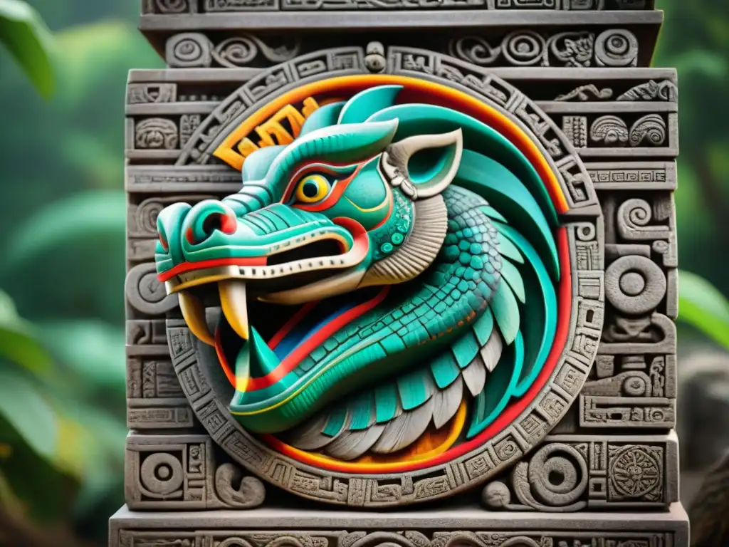 Escultura maya de la serpiente emplumada Quetzalcoatl, simbolizando la dualidad divina