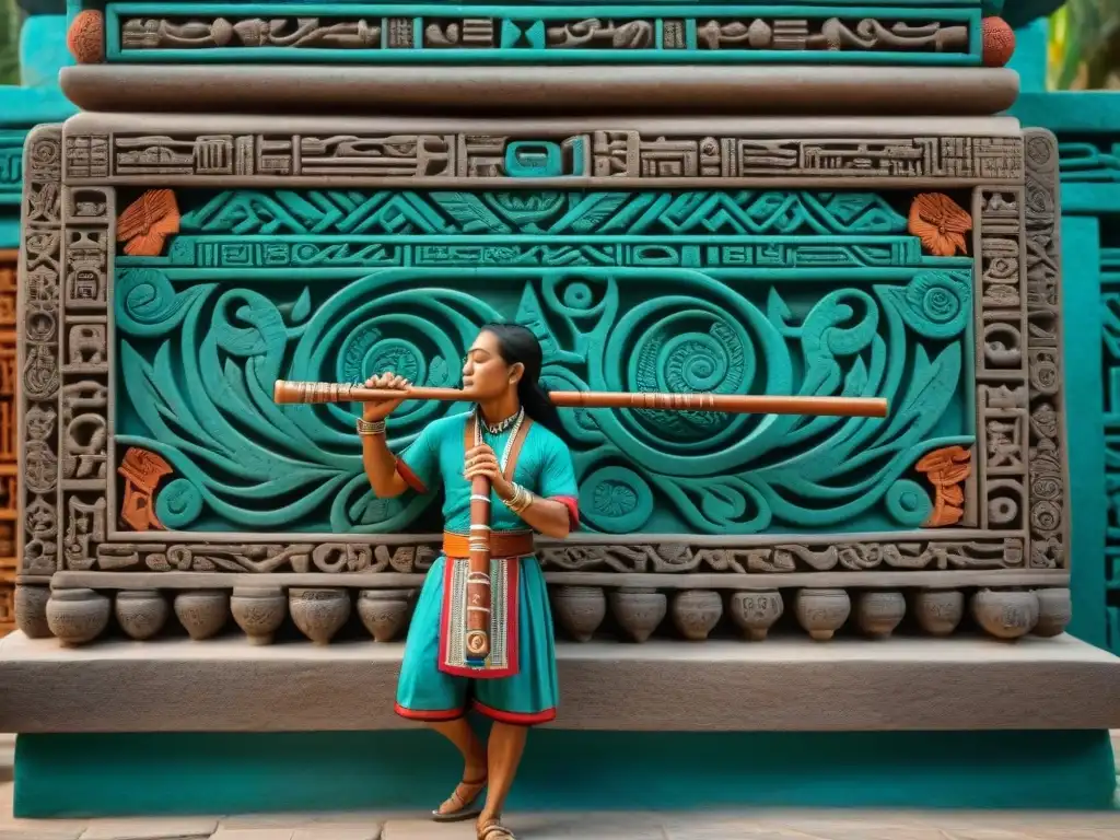 Escultura de músico maya tocando flauta, con hieroglíficos detallados y patrones, en un templo vibrante