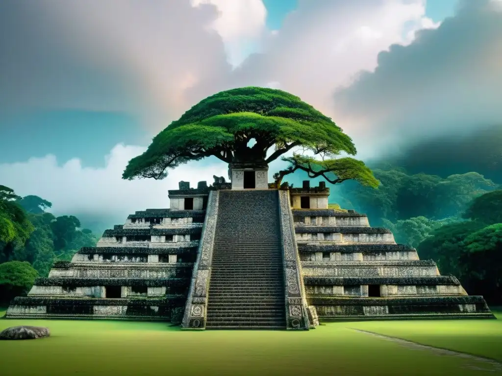 Escultura de piedra del Árbol del Mundo Maya significado en Palenque, enlazando seres míticos y símbolos celestiales