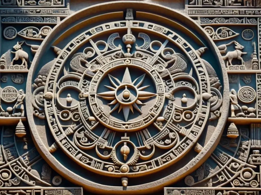 Escultura en piedra detallando ciclos lunares y cuerpos celestes, con jeroglíficos del calendario maya
