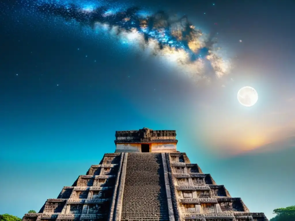 Escultura de piedra detallada en la cima de una pirámide maya, mostrando la alineación de cuerpos celestes con la arquitectura