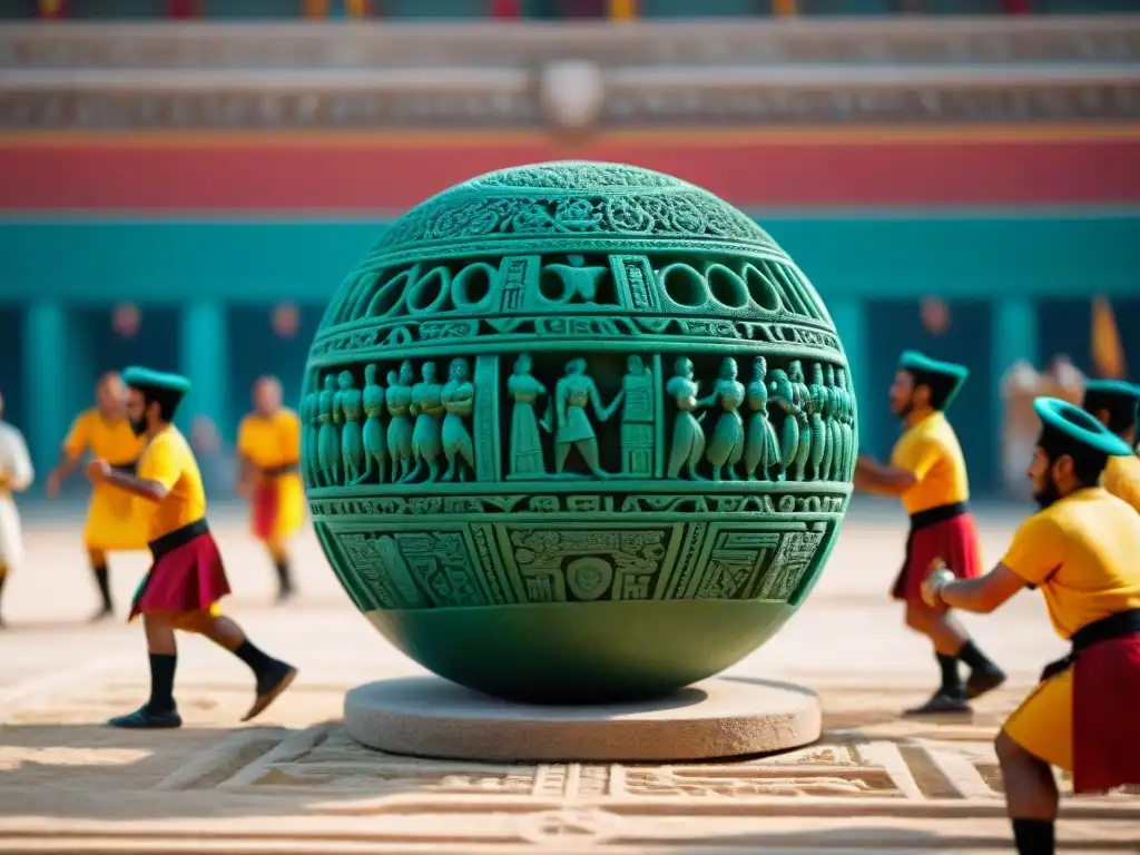 Escultura de piedra detallada que muestra un juego de pelota Maya, resaltando la Importancia histórica de la pelota en la sociedad maya