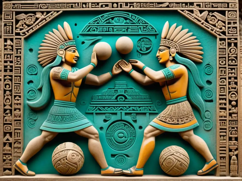 Escultura de piedra detallada de dos jugadores de pelota maya en un juego intenso en un antiguo campo