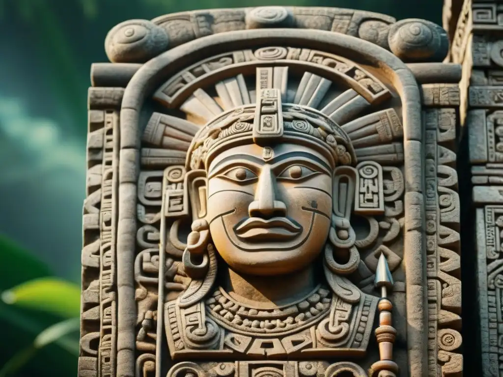 Escultura de piedra del Dios Chaac, impacto en la agricultura maya con detalles y textura histórica