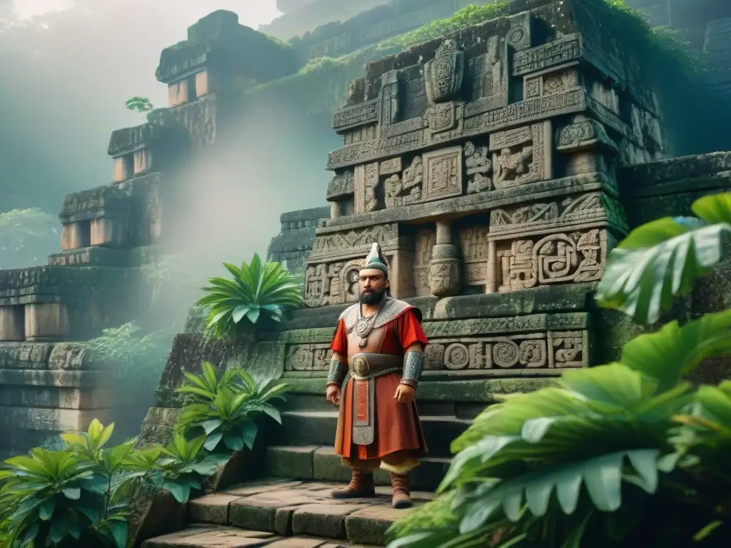 Escultura en piedra de la leyenda del enano de Uxmal, con detalles mayas y misterioso artefacto, en ruinas mayas y selva exuberante