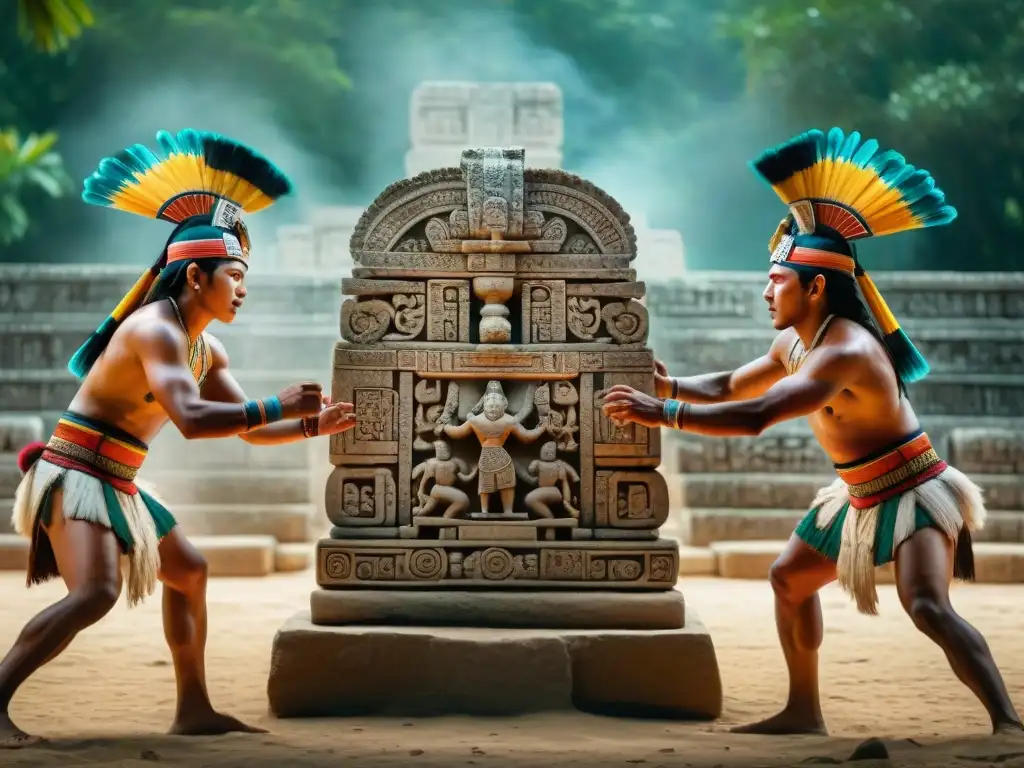 Escultura de piedra maya detallada que representa un intenso juego de Pok Ta Pok