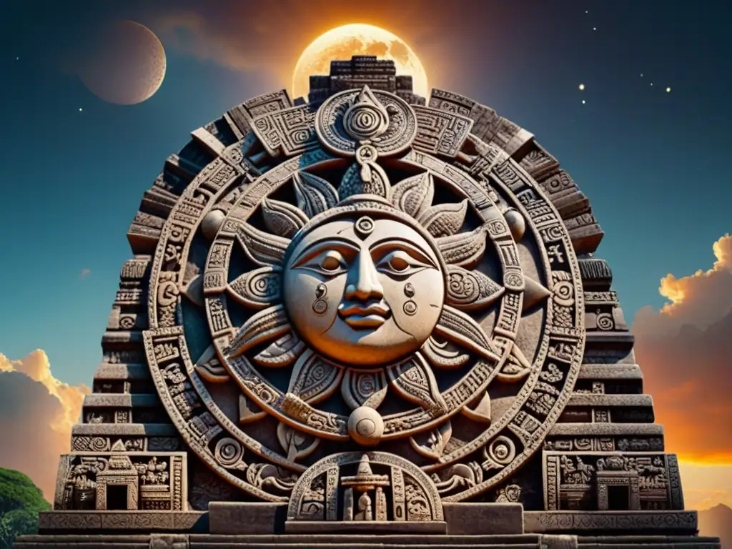 Escultura de piedra maya con eclipse solar y lunar, rodeada de símbolos celestiales y una antigua sabiduría