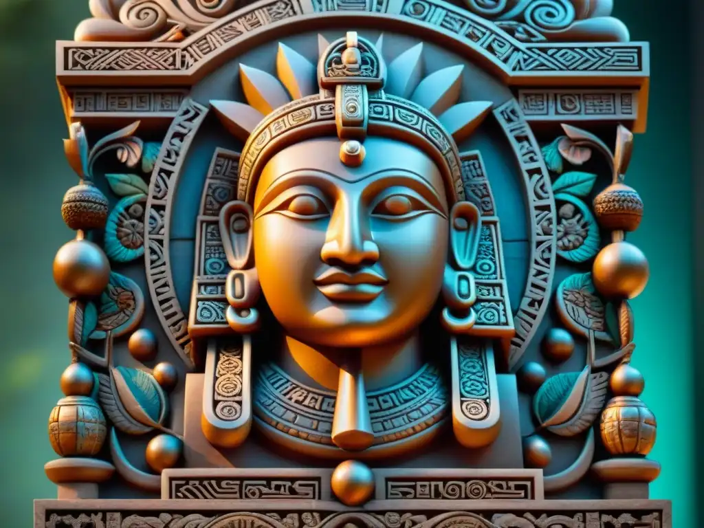 Escultura de piedra maya iluminada por el sol, expresando valores éticos de respeto, armonía y comunidad