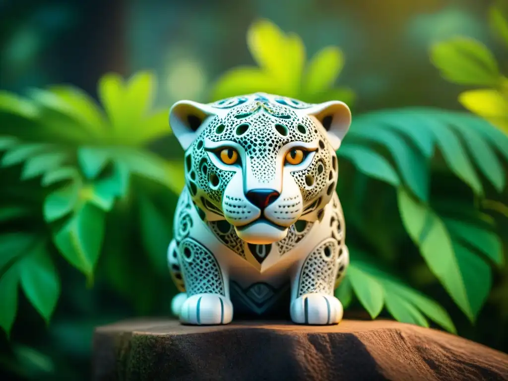 Escultura de jaguar maya, símbolo de poder y protección, en exuberante jungla