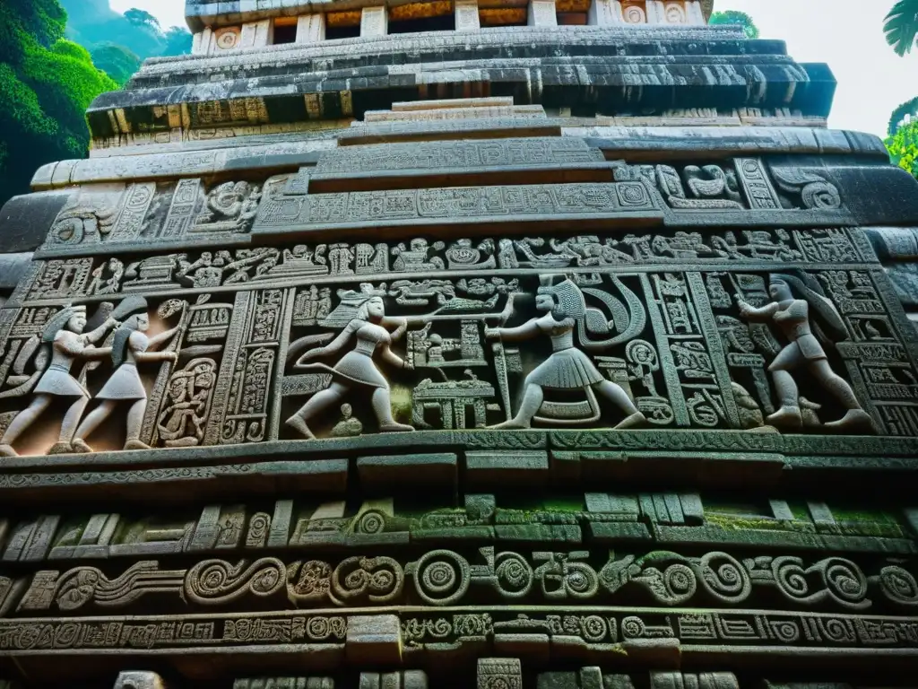 Esculturas y jeroglíficos detallados en el Templo de las Inscripciones en Palenque, destacando el Arte y Arquitectura en Palenque