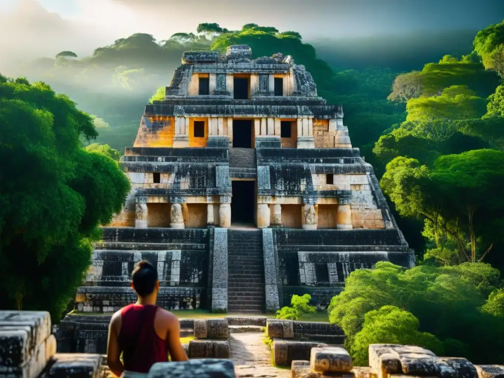 Esculturas misteriosas del dios jaguar en la fachada de Ek Balam, entre la exuberante selva de Yucatán