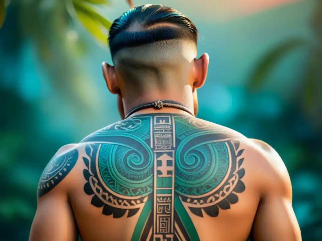 Espalda con tatuajes mayas detallados: símbolos de fuerza, sabiduría y unidad en colores vibrantes