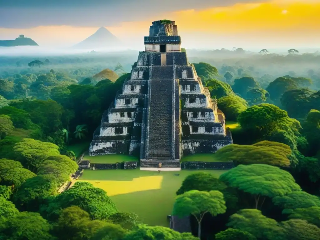 Espectacular atardecer en Tikal, con el majestuoso Templo I de la civilización maya