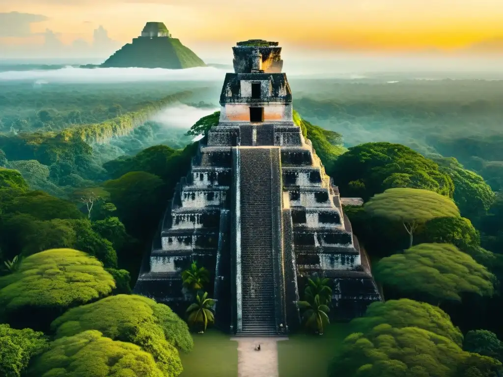 Espectacular ciudad maya de Tikal con pirámides y estructuras geométricas, bañadas por la luz dorada del atardecer