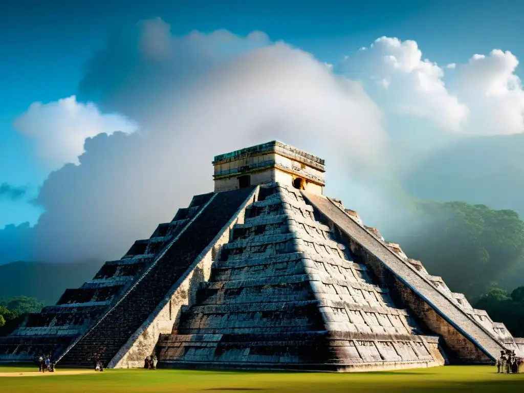 Espectacular juego de luz y sombra en el Templo de Kukulkán en Chichén Itzá durante el equinoccio, resaltando el significado astronómico de las edificaciones mayas