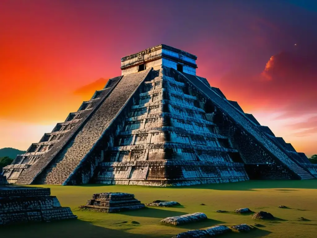 Espectacular pirámide maya al atardecer con eclipse sutil, destacando eventos astronómicos clave cosmología Maya