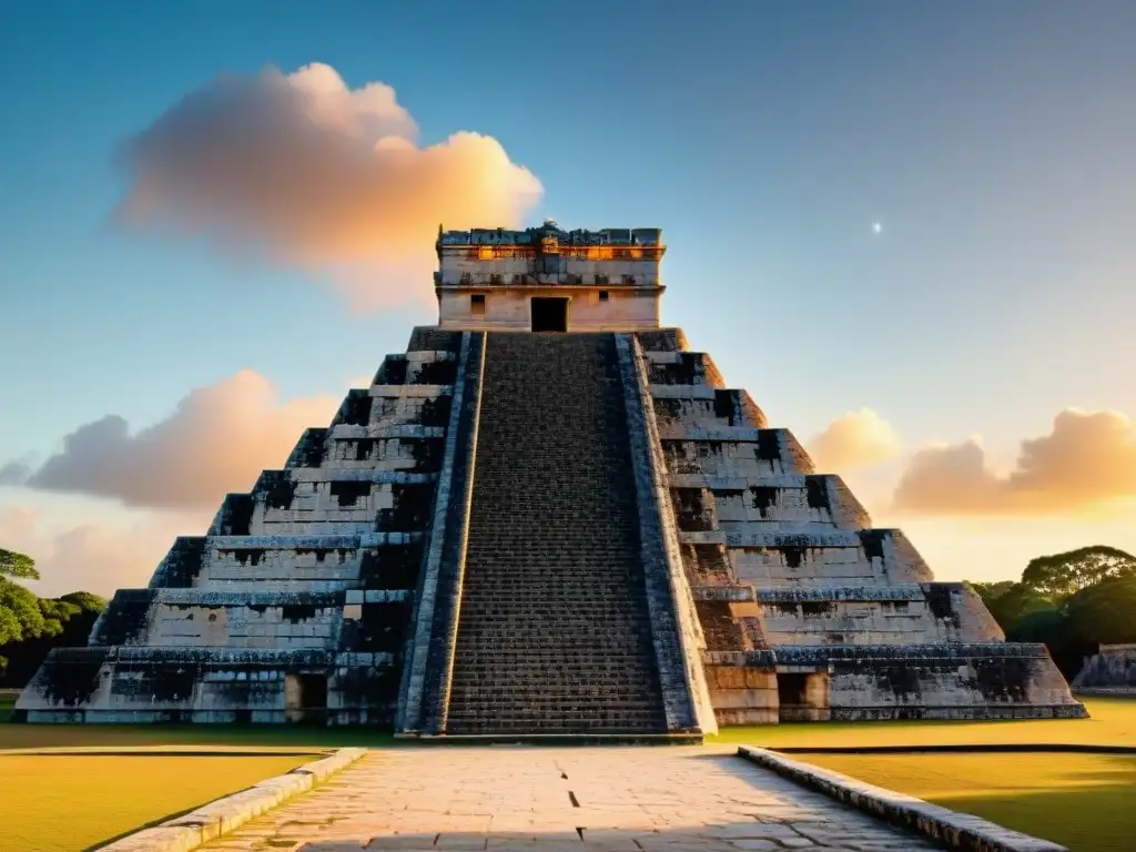 Espectacular pirámide maya El Castillo en Chichén Itzá con el sol poniéndose atrás, resaltando detalles astronómicos