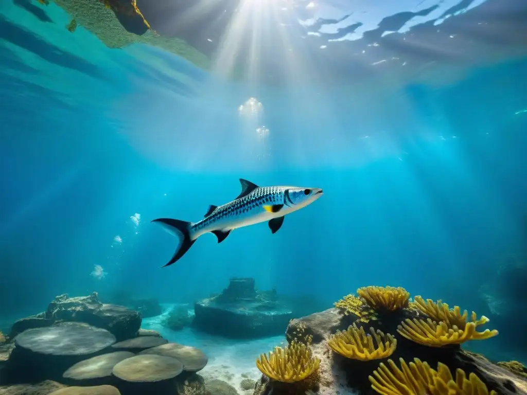 Un espectáculo de vida acuática en cenotes mayas: peces exóticos nadando entre la luz del sol y las formaciones rocosas