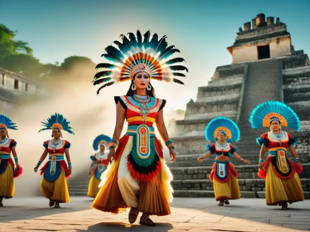 Espectáculo de danza maya en festival contemporáneo, con trajes coloridos y ruinas antiguas al fondo